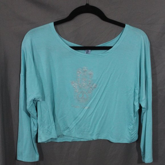 Tshirt, cropped, 3/4 Sleeve, silver design (peace sign, Shakti Shahti) - Picture 2 of 3